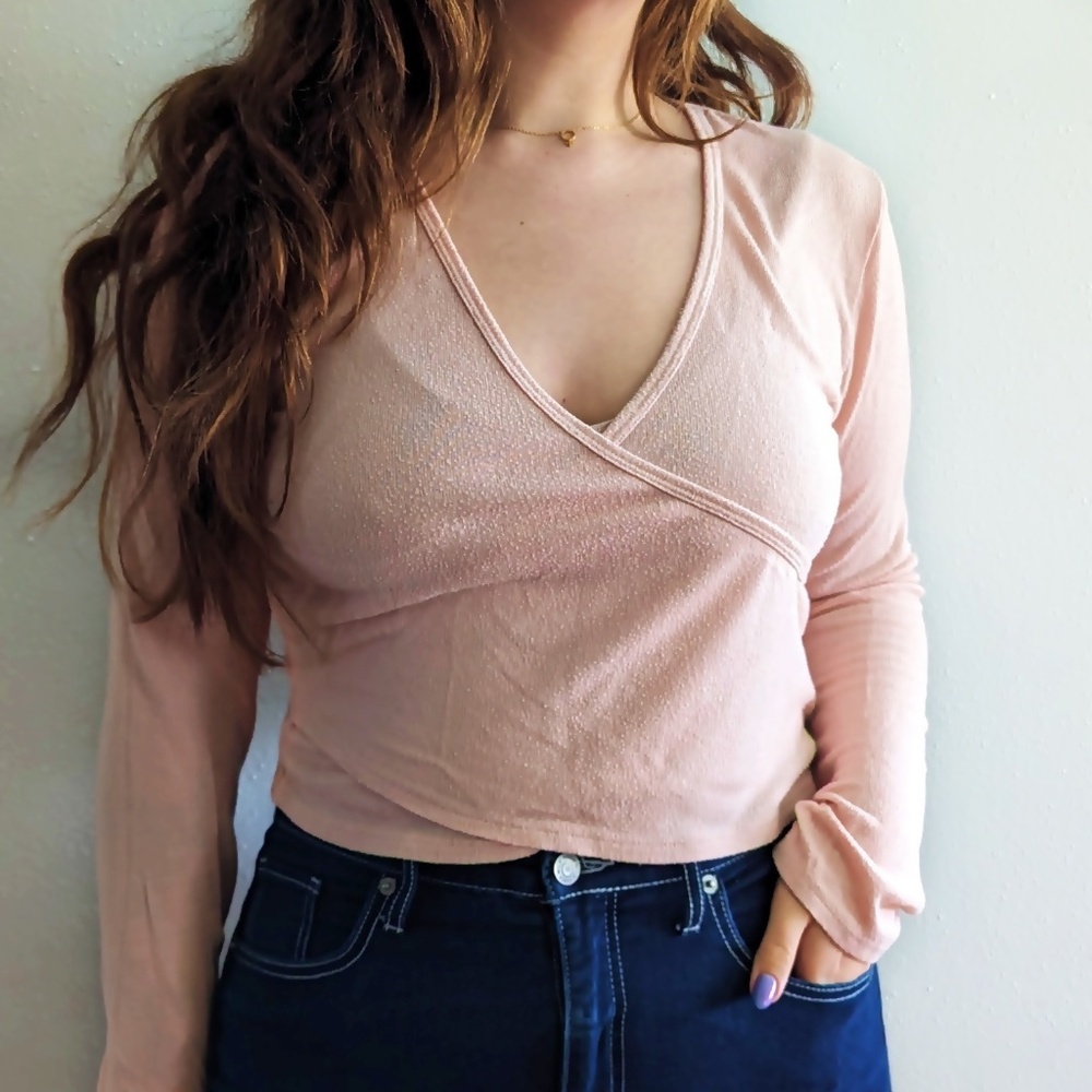 Pink, Long-sleeved, Wrap Top